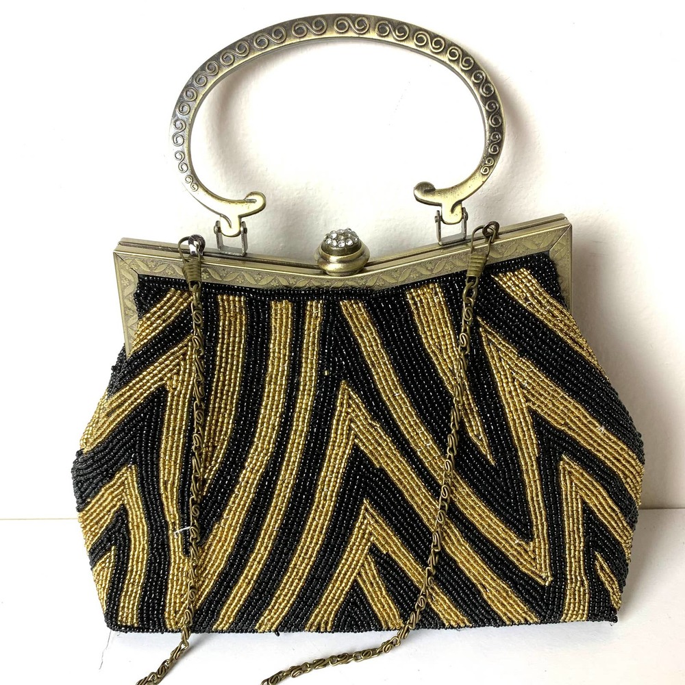 Vintage Gold Black Beaded Evening Purse Party Handbag With Chain Crossbody Strap - Picture 3 of 16